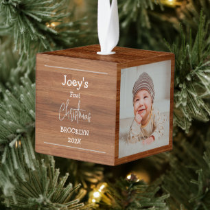 Rustic Wood baby first Christmas three Photo   Cube Ornament