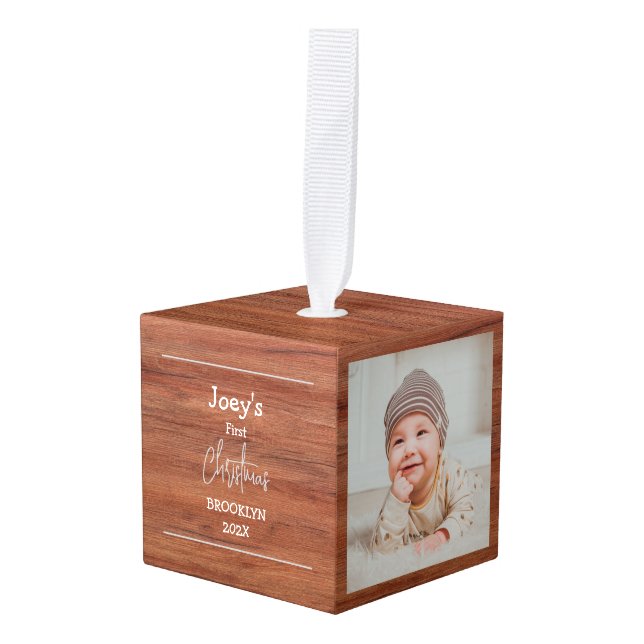 Rustic Wood baby first Christmas three Photo  Cube Ornament (Front Angled)