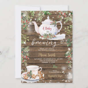 Rustic Wood Baby Is Brewing Christmas Tea Party Invitation