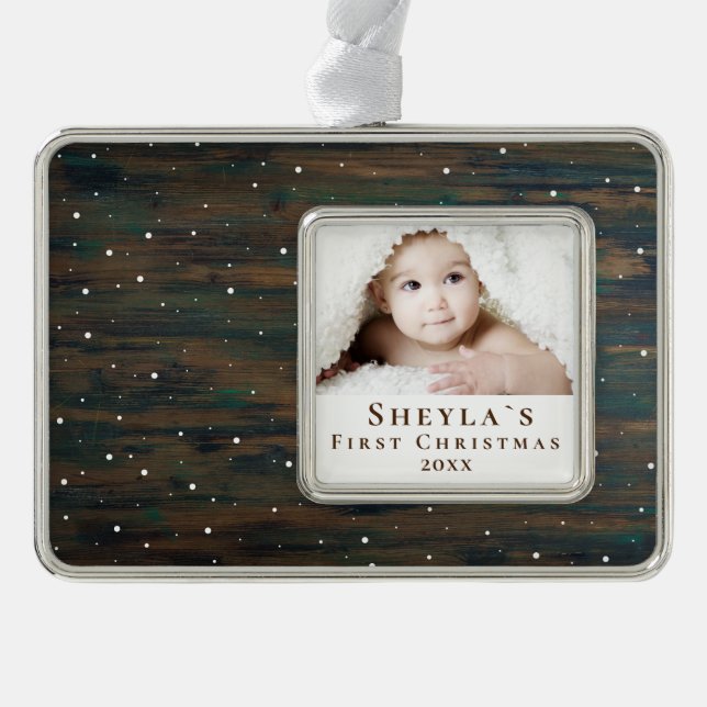 Rustic Wood Baby`s First Christmas Photo Christmas Ornament (Front)