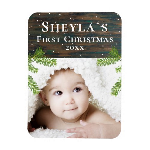 Rustic Wood Babys First Christmas Photo Magnet