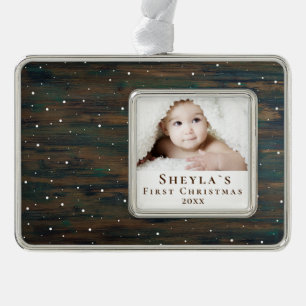 Rustic Wood Baby`s First Christmas Photo Ornament