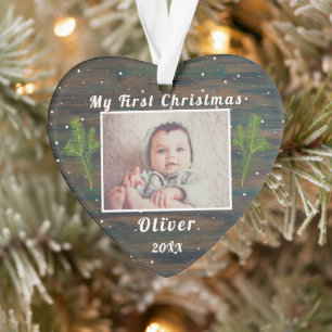 Rustic Wood Baby`s First Christmas Photo Ornament