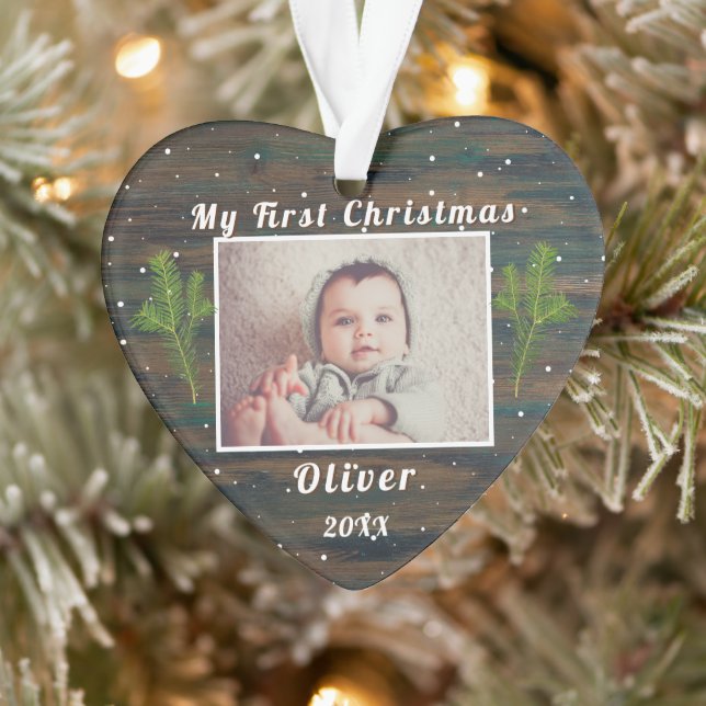Rustic Wood Baby`s First Christmas Photo Ornament (Tree)
