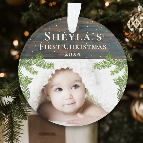 Rustic Wood Babys First Christmas Photo Ornament