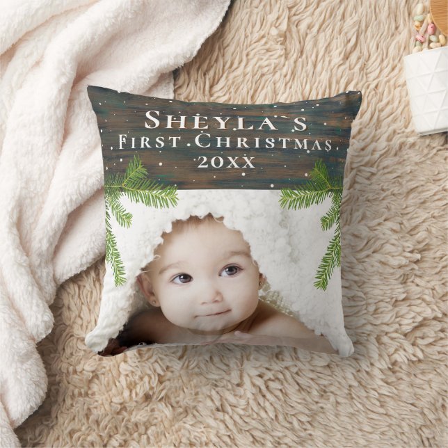 Rustic Wood Baby`s First Christmas Photo Throw Pillow (Blanket)