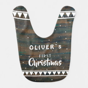 Rustic Wood Baby`s First Christmas Script Baby Bib