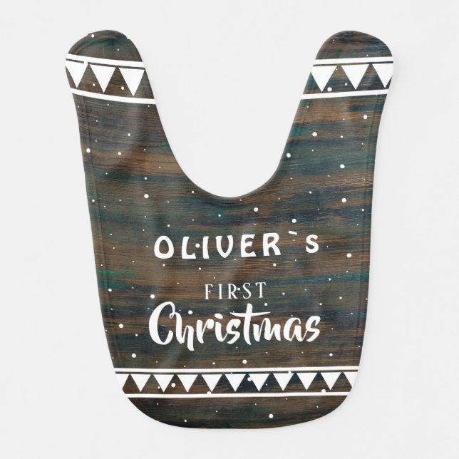 Rustic Wood Baby`s First Christmas Script Baby Bib (Front)