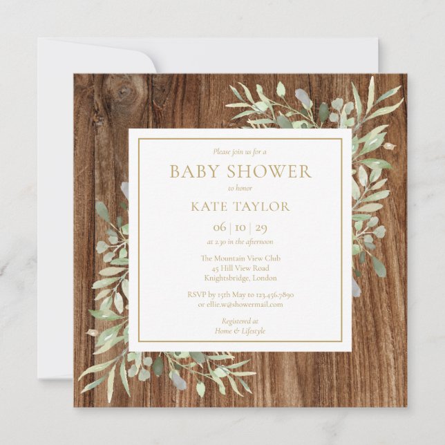 Rustic Wood Baby Shower | Sprinkle Greenery Invitation (Front)