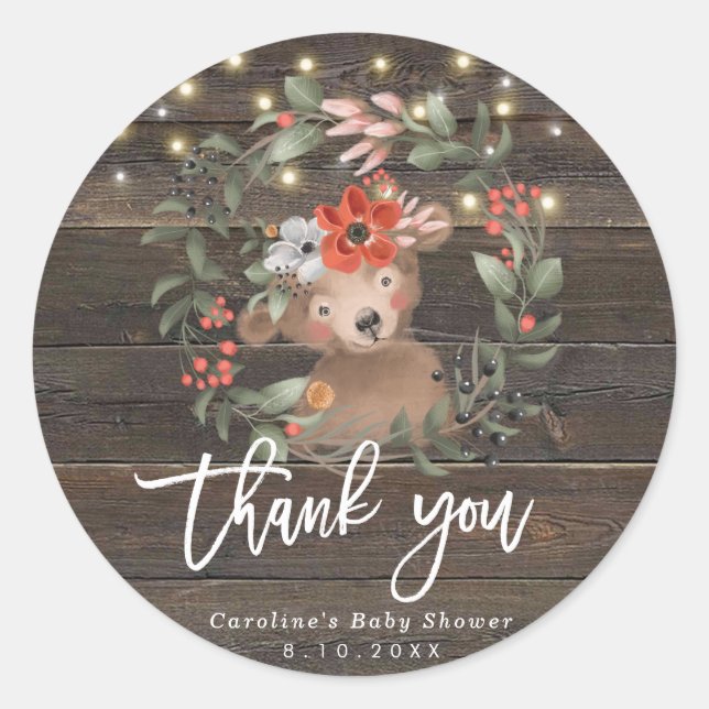 rustic wood baby shower thank you sticker (Front)