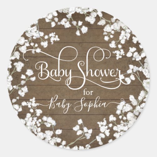Rustic Wood Babys Breath Boho Floral Baby Shower Classic Round Sticker