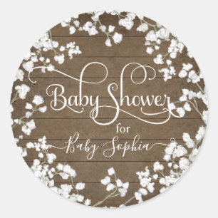 Rustic Wood Babys Breath Boho Floral Baby Shower Classic Round Sticker