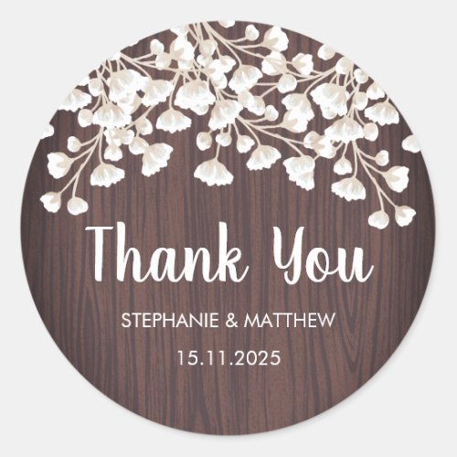 Rustic Wood Babys Breath Floral Thank You Wedding Classic Round Sticker