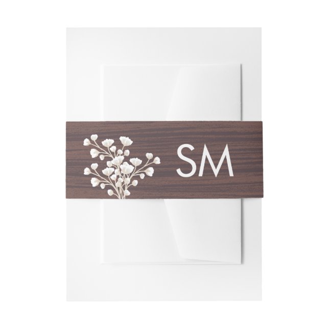 Rustic Wood Babys Breath Floral Wedding Monogram Invitation Belly Band (Front Example)