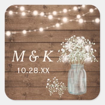 Rustic Wood Baby's Breath Floral Wedding Monogram Square Sticker by CardHunter at Zazzle