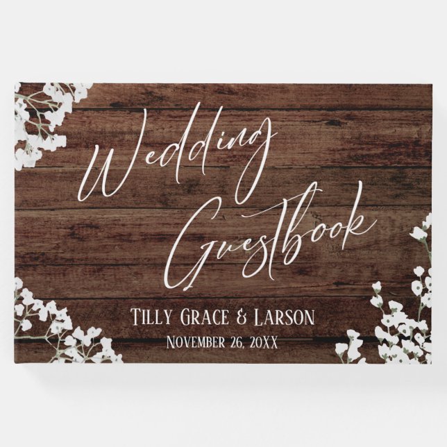 Rustic Wood Baby's Breath Handwriting Guestbook (Front)