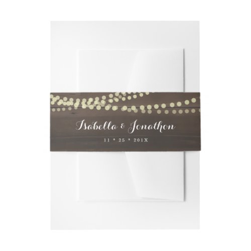 Rustic Wood & Baby's Breath Invitation Belly Band - A rustic wood background with fairy lights complemented by beautiful calligraphy.