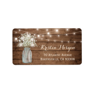 Rustic Wood Baby's Breath Mason Jar Lights Wedding Label