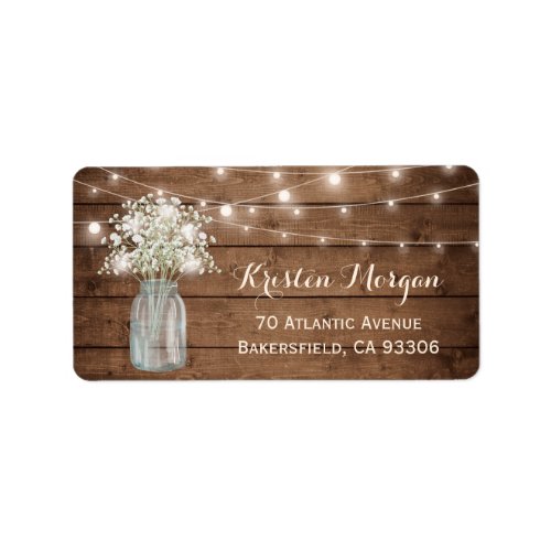 Rustic Wood Babys Breath Mason Jar Lights Wedding Label