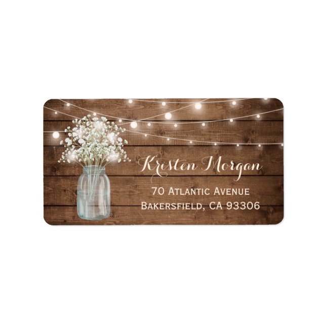 Rustic Wood Baby's Breath Mason Jar Lights Wedding Label (Front)