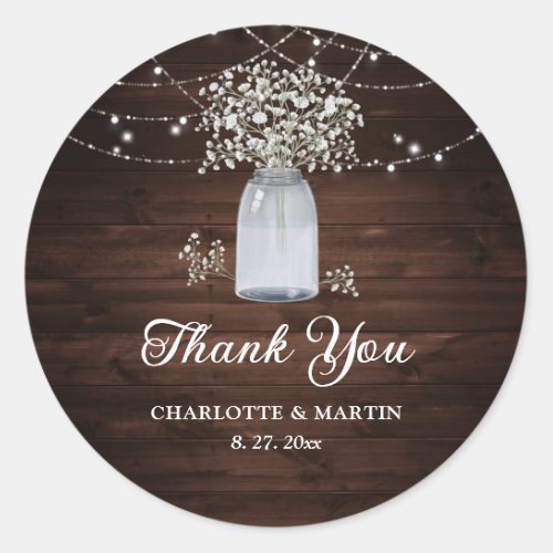 Rustic Wood Babys Breath Mason Jar Thank You Classic Round Sticker