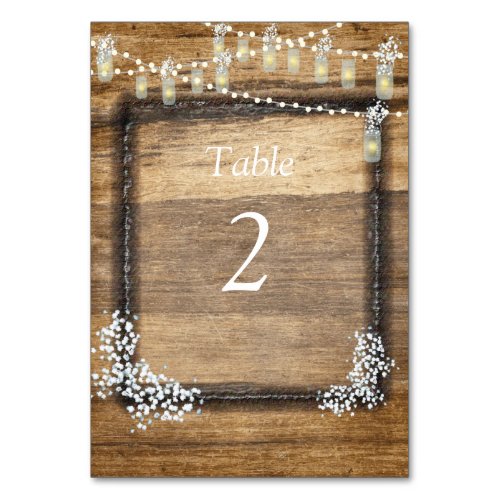 Rustic Wood Babys Breath Mason Jars Custom Table Number