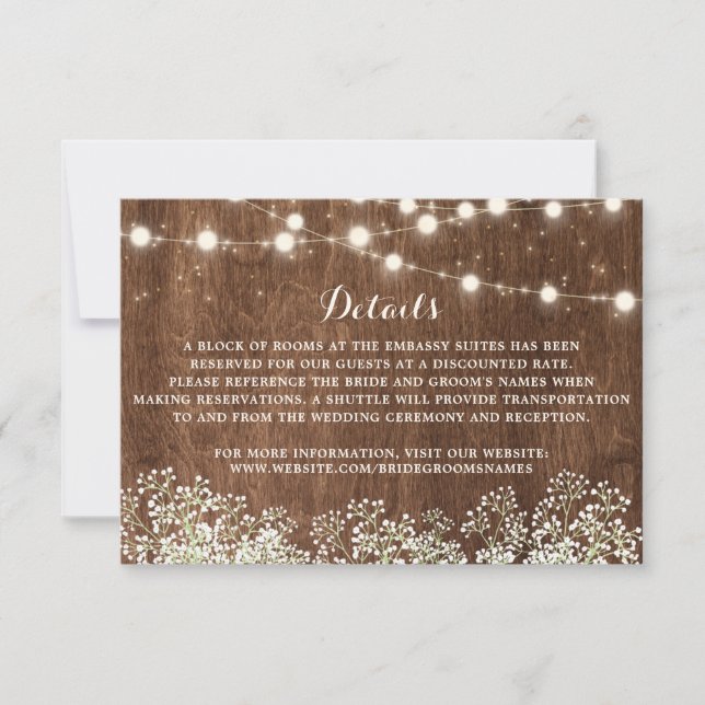 Rustic Wood Baby's Breath String Lights Details Invitation (Front)