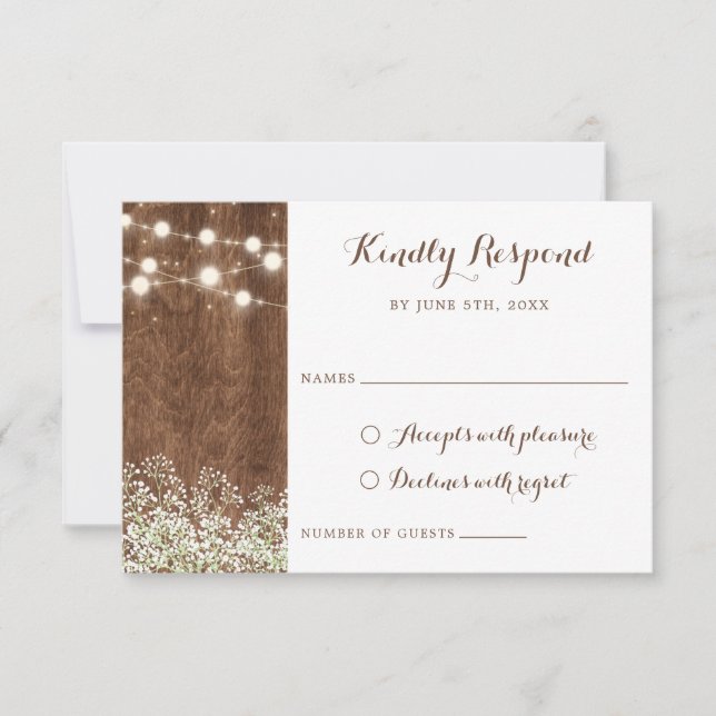 Rustic Wood Baby's Breath String Lights RSVP Invitation (Front)