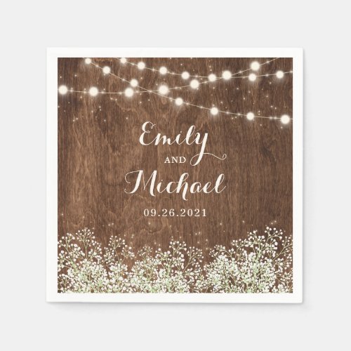 Rustic Wood Babys Breath String Lights Wedding Napkins