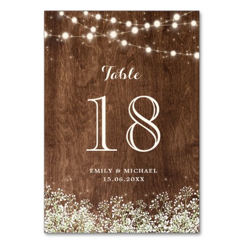 Rustic Wood Babys Breath String Lights Wedding Table Number