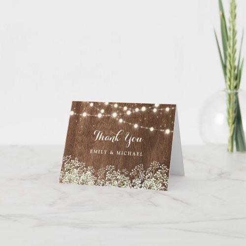 Rustic Wood Babys Breath String Lights Wedding Thank You Card