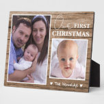 Rustic Wood Baby&#39;s First Christmas 2 Photo Collage Plaque