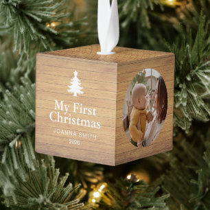 Rustic Wood Baby's First Christmas Name Photo  Cube Ornament