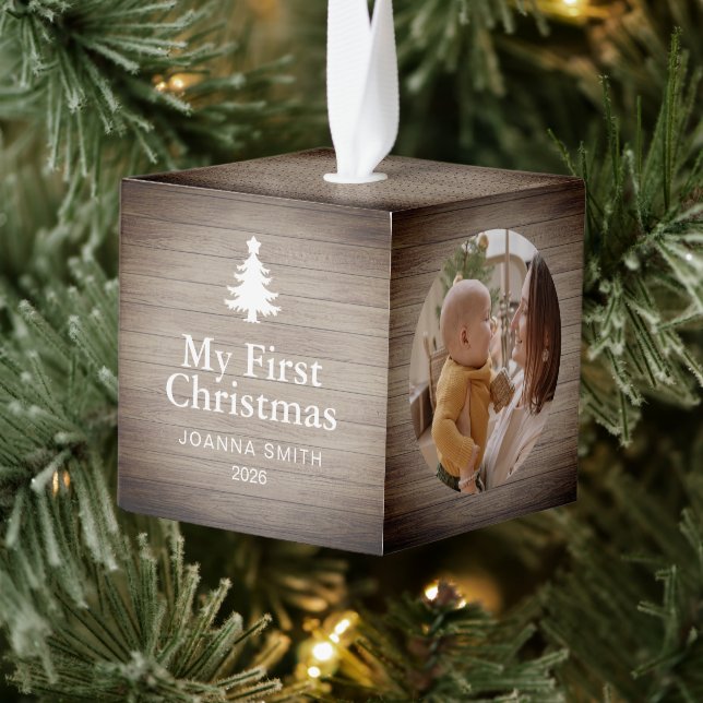 Rustic Wood Baby's First Christmas Name Photo  Cube Ornament (Tree)