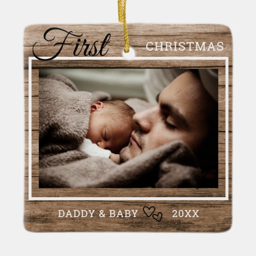 Rustic Wood Babys First Christmas Photo Ceramic Ornament