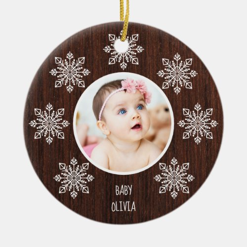 Rustic Wood Babys First Christmas Snowflake Photo Ceramic Ornament