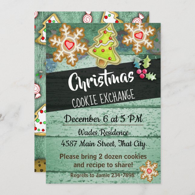 Rustic Wood Background Cookie Exchange Invitation (Front/Back)