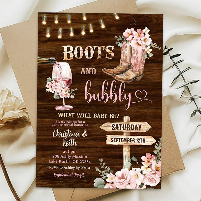 Rustic Wood Background Floral Boots and Bubbly Invitation (Creator Uploaded)