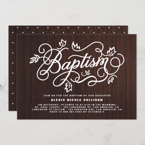 Rustic Wood Background Foliage Lettering Baptism Invitation