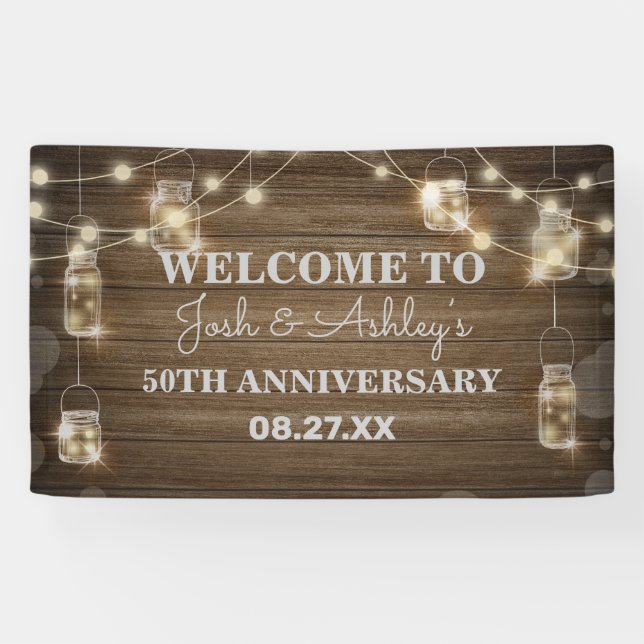 Rustic Wood Background Light Glass Jar Anniversary Banner (Horizontal)