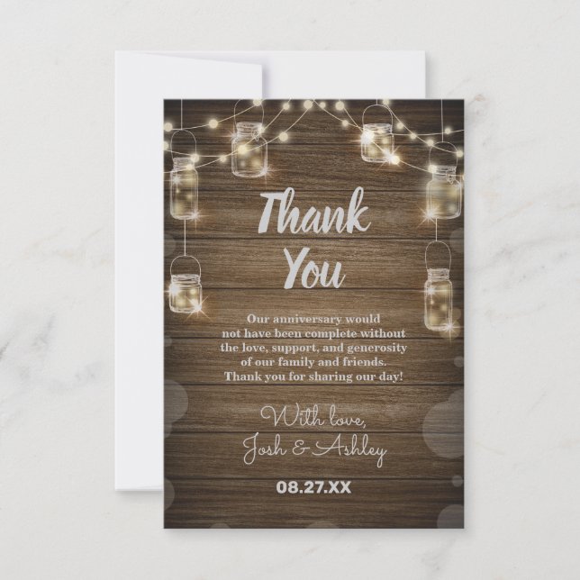 Rustic Wood Background Light Glass Jar Anniversary Thank You Card (Front)