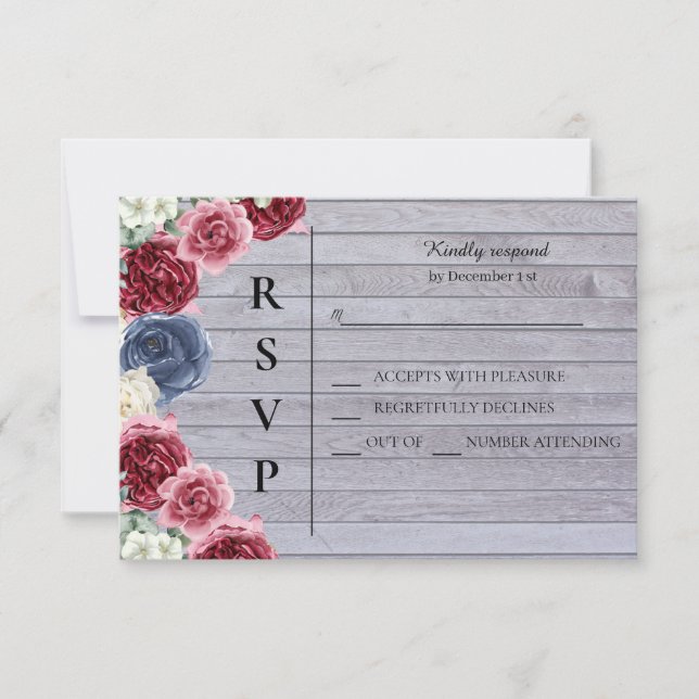 Rustic Wood Background with Flowers RSVP Card (Front)