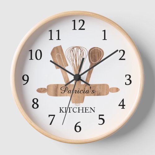 Rustic Wood Baking Utensils Custom Name Kitchen Clock
