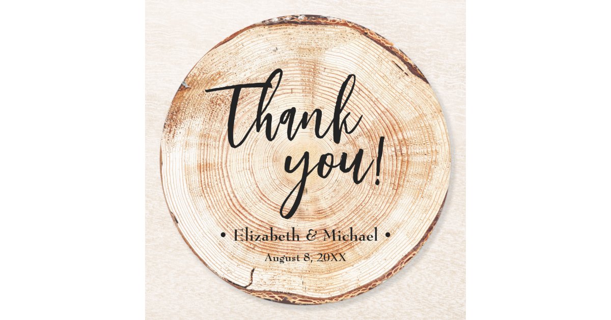 Bark Disc Rustic Wood Bark Disc Thank you Script Wedding Round Paper Coaster | Zazzle