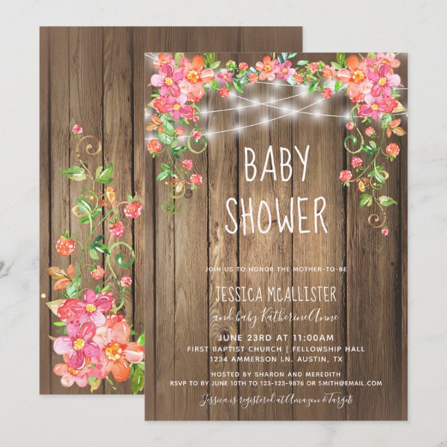 Rustic Wood Barn Lights Floral Garden Baby Shower Invitation (Front/Back)