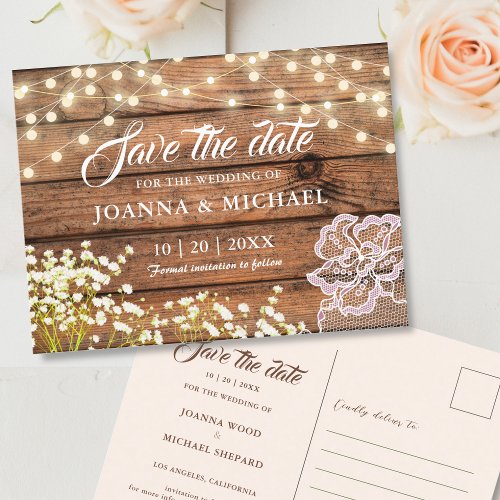 Rustic Wood Barn String Lights Save the Date Postcard