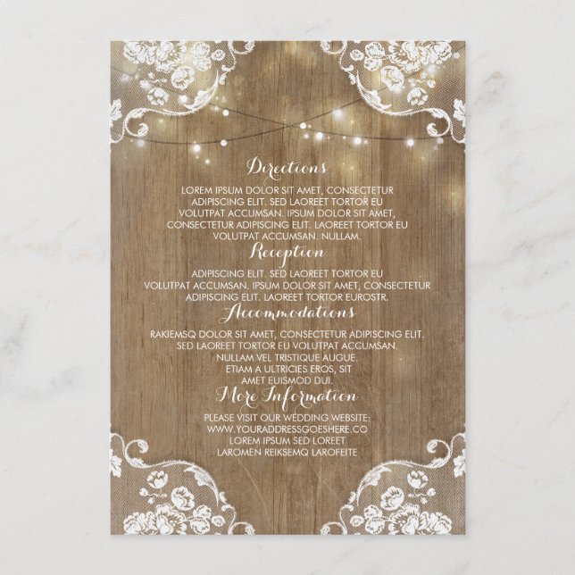 Rustic Wood Barn String Lights Wedding Information Enclosure Card (Front)