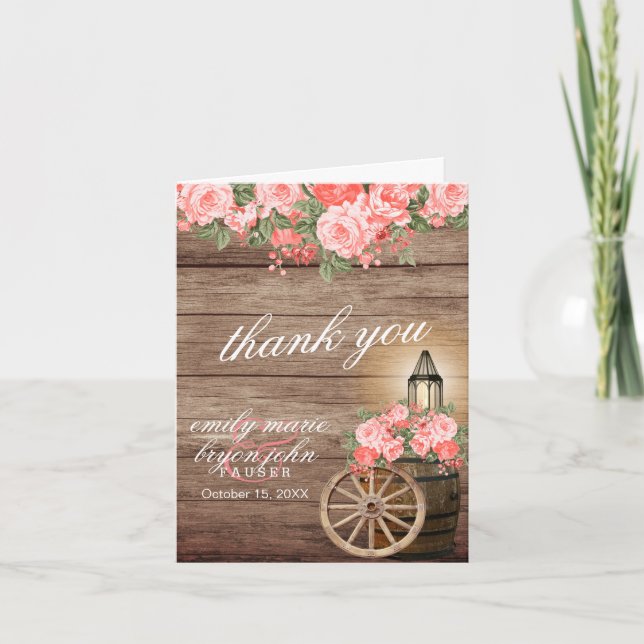 Rustic Wood Barrel and Coral Wedding Thank You Card (Front)