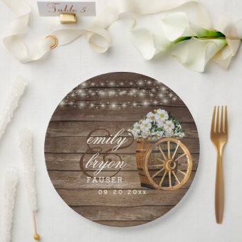 Rustic Wood Barrel And Country White Flowers Paper Plates by DesignsbyDonnaSiggy at Zazzle
