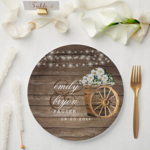 Rustic Wood Barrel and Country White Flowers Paper Plates